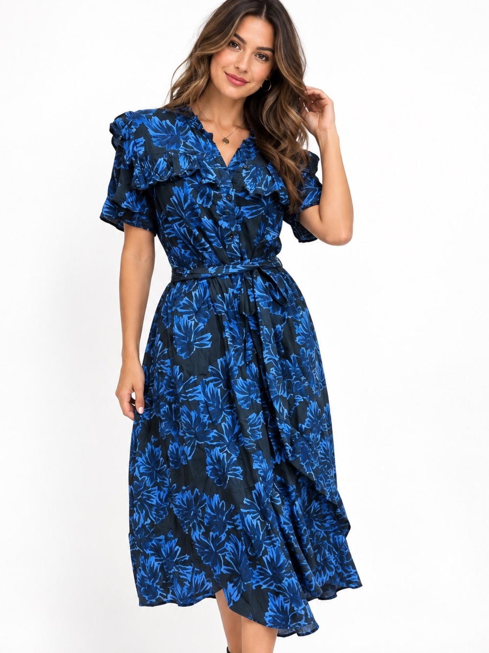 Who What Wear Black and Blue Floral Ruffled Midi Dress Large boho chic